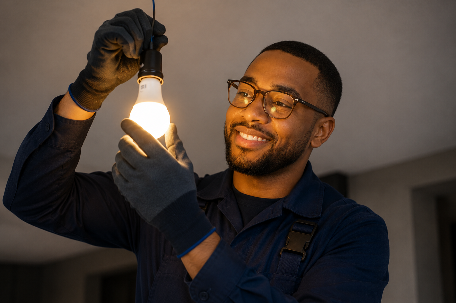 Electrician installing a light fixture